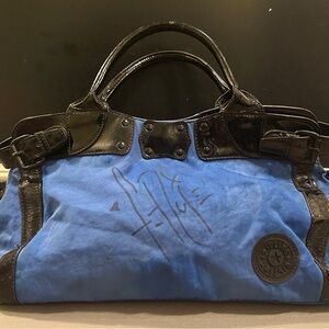 Autographed Fergie for Kipling Blue Nylon and Black Patent Leather Handbag